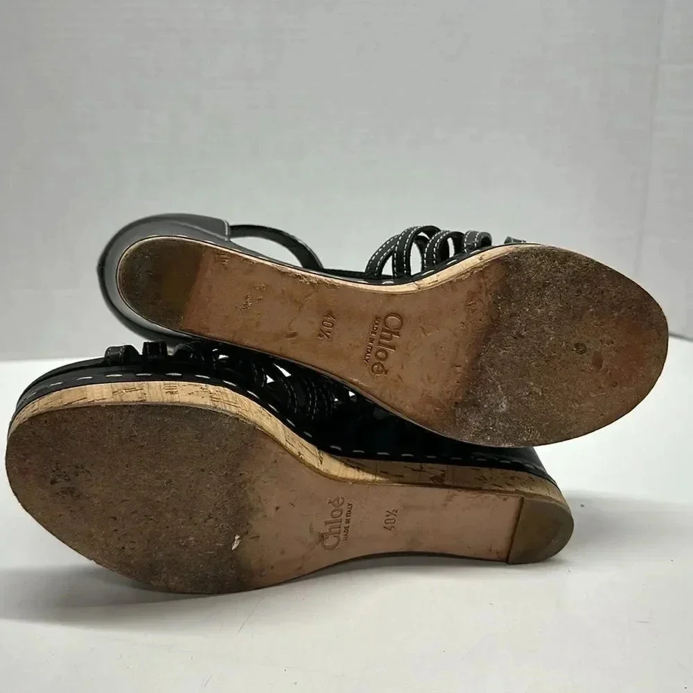 Chloe Marcie Wedges Leather T-Strap Platform High Heel Sandals Black Size 40.5